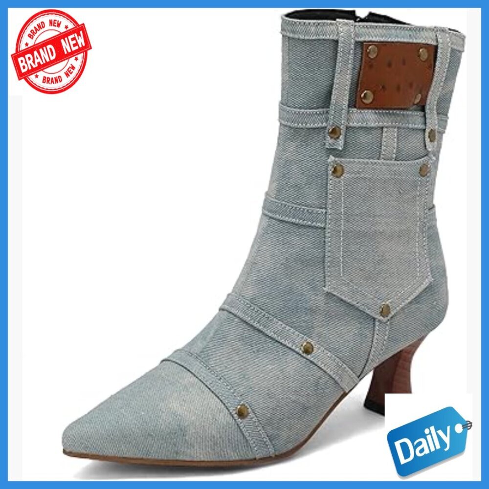 Denim Kitten Heel Ankle Boots Pointed Toe Vintage Zip Chunky